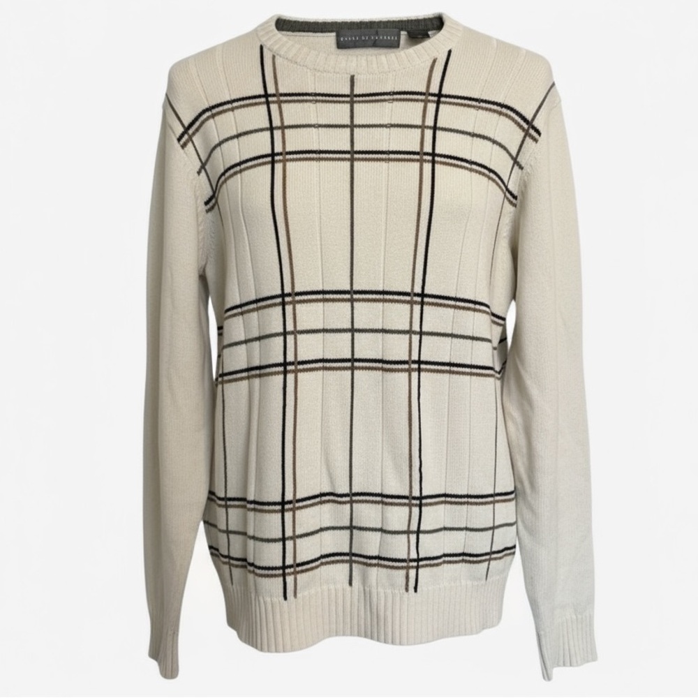 Oscar de la Renta Sweater Men’s Medium White Windowpane Plaid Crewneck‎ Vintage